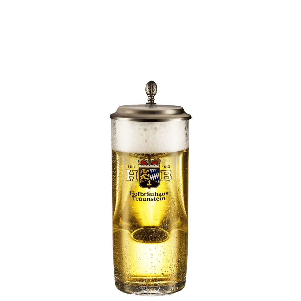 Hofbräuhaus Traunstein Glaskrug mit Zinndeckel 0,50 l Bierkrug